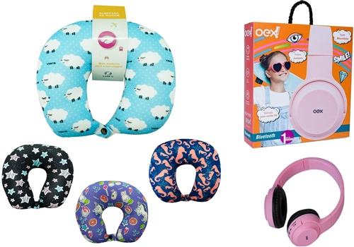 Kit Almofada de Pescoço + Headphone Bluetooth Pop Teen Rosa