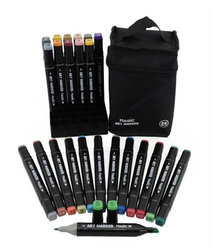 Kit Art Marker 24 Cores - Canetas Marcadoras Ponta Dupla com Bolsa Organizadora
 - Magic Kids