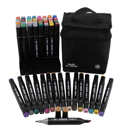 Kit Art Marker 48 Cores - Canetas Marcadoras Ponta Dupla com Bolsa Organizadora
 - Magic Kids