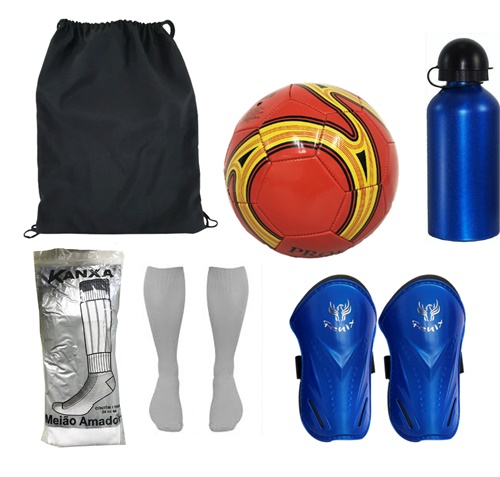 Kit Bag Preta + Bola de Futebol + Meião + Caneleira + Squeeze Sport