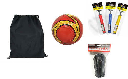 Kit Bag Preta + Bola de Futebol + Bomba de Ar + Caneleira