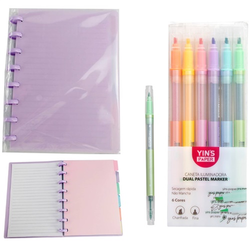 Kit Caderno Disco + Conjunto de Canetas Ponta Dupla