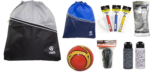 Kit Eco Bag + Bola Futebol + Meião + Caneleira + Bomba de Ar + Squeeze Geométrico