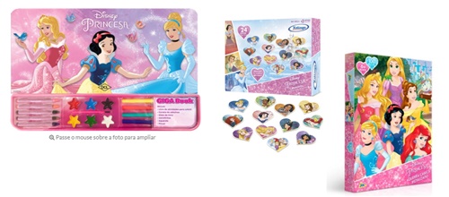 Kit Princesas Disney: GigaBook + Jogo da Memória + Quebra-Cabeça Metalizado 100 peças