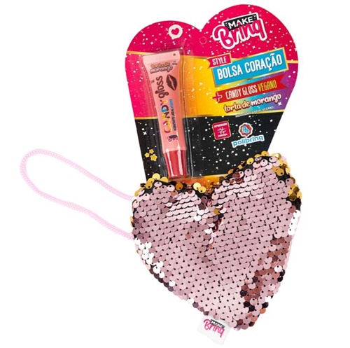 Bolsa Lantejoulas Coração com Gloss Labial - Polibrinq