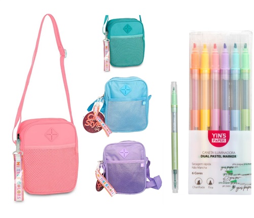 Kit Shoulder Bag + Conjunto de 6 Canetas Ponta Dupla Pastel