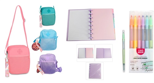 Kit Shoulder Bag + Caderno Disco + Conjunto de 6 Canetas Ponta Dupla Pastel