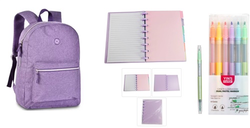 Kit Mini Mochila + Caderno Disco + 6 Canetas Ponta Dupla