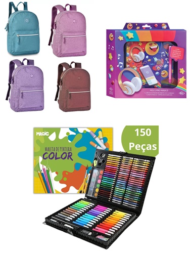 Kit Mini Mochila + Meu Livro de Segredos + Maleta Escolar 150 Peças