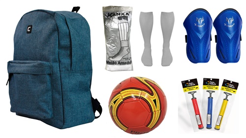 Kit Mochila Jeans + Bola de Futebol + Meião + Caneleira + Bomba de Ar