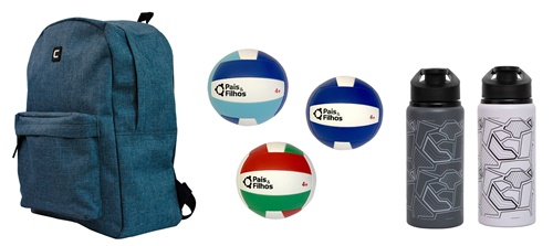 Kit Mochila Jeans + Bola de Vôlei + Squeeze Geométrico