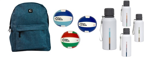Kit Mochila Jeans + Bola de Vôlei + Garrafa Minimal Alumínio