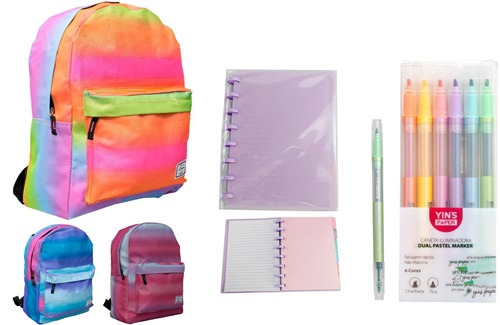 Kit Mochila Tie Dye + Carderno Inteligente +  Kit Canetas